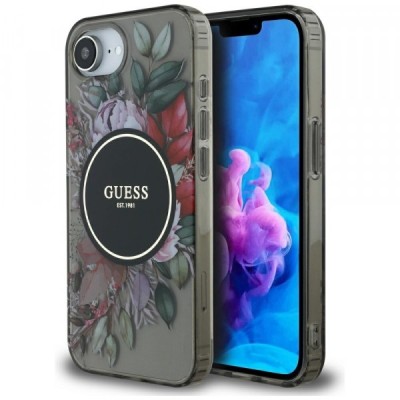 Husa MagSafe pentru Apple iPhone 16e, Guess, IML Flowers, Neagra foto