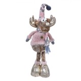 Figurină Decorativă Moș Crăciun, Cerb, Blană Maro, Costum Tricotat Roz, &Icirc;nălțime 54 cm, Oem