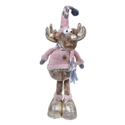 Figurină Decorativă Moș Crăciun, Cerb, Blană Maro, Costum Tricotat Roz, &amp;Icirc;nălțime 54 cm foto