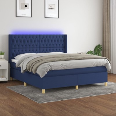 vidaXL Pat cu arcuri, saltea și LED, albastru, 160x200 cm, textil 3139131 foto