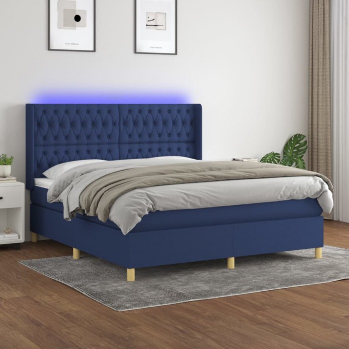 vidaXL Pat cu arcuri, saltea și LED, albastru, 160x200 cm, textil 3139131