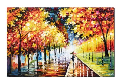 Tablou indragostiti GIGANT pictat manual, Eu si cu tine pe aleea cu felinare, 150x100cm ulei pe panza in cutit efect 3D foto