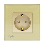 Priza schuko simpla PNI-WP101G, incastrata, contact de protectie, rama din sticla inclusa, aurie