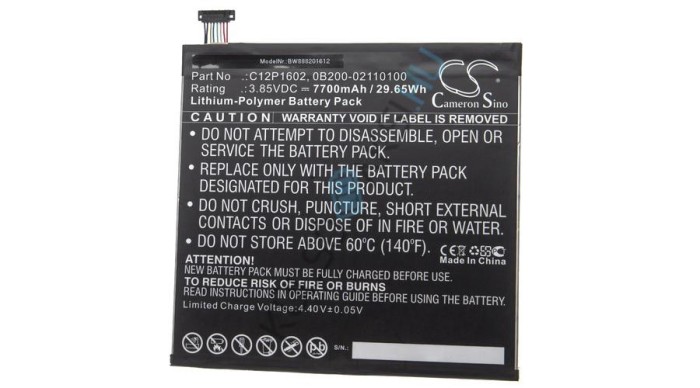 &Icirc;nlocuire baterie tabletă VHBW pentru Asus 0B200-02110100, C12P1602 - 7700 mAh 3,85 V Li-polimer
