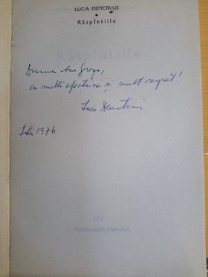 Autograf Demetrius Lucia: pe RASPANTIILE, Bucuresti, 1976 foto