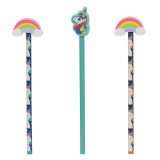 Set Creioane cu Radieră, Unicorn, Model Curcubeu, Multicolor, 3 Bucăți
