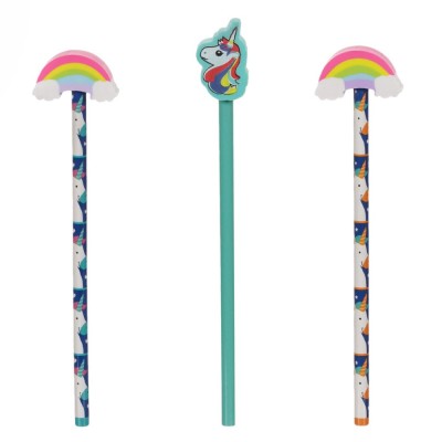 Set Creioane cu Radieră, Unicorn, Model Curcubeu, Multicolor, 3 Bucăți foto