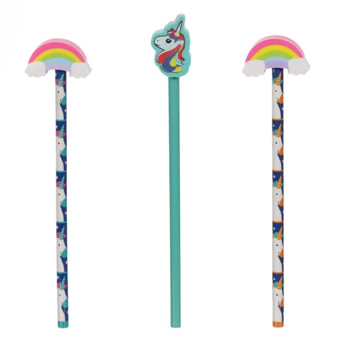 Set Creioane cu Radieră, Unicorn, Model Curcubeu, Multicolor, 3 Bucăți
