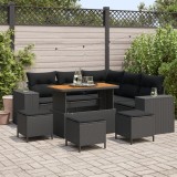 Set canapea gradina Gossi 8 piese cu perne negru poliratan acacia, set dining gradina Gossi 3 piese cu perne negru poliratan acacia