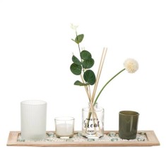 Set cu suport din lemn, suporturi din sticla, lumanare, betisoare, sticla pentru ulei parfumat, planta si pietris decorativ foto