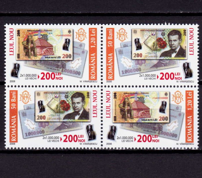 ✅RO 2006,LP 1750 , &quot;Leul Nou 2006&quot; , bloc 4 marci/2 serii punte tip I+II , MNH