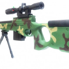 PUSCA CU BILE AIRSOFT,CELEBRUL AWP CAMUFLAJ,MASOARA 100 CM,LUNETA,BILE.NOUA