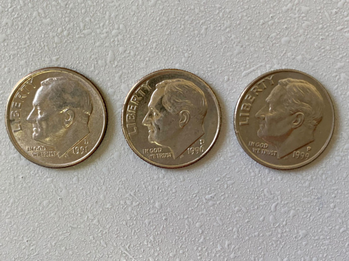 Monede 1 DIME - 10 centi - SUA - USA - 1991 D, 1996 D, 1999 P - KM 195a (245)