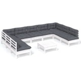 Set mobilier gradina cu perne, 10 piese, alb, lemn masiv pin