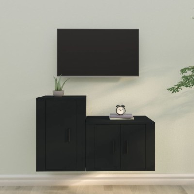 Set dulap TV, 2 piese, negru, lemn prelucrat foto