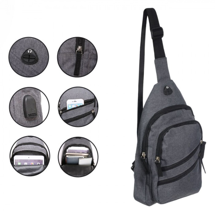 Rucsac Bărbați, Model USB, Culoare Gri, Dimensiuni 18x8x32 cm