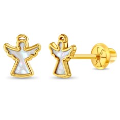 Cercei din Aur 14k in forma de Inger si Sidef de Perla, pentru Copii &ndash; Inchidere Sigura cu Surub