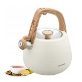 Ceainic, fierbator cu fluierat din otel inoxidabil, alb, cu maner din lemn, capacitate 2,5 litri, Klausberg