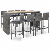 VidaXL Set mobilier bar exterior 9 piese gri poliratan și lemn acacia