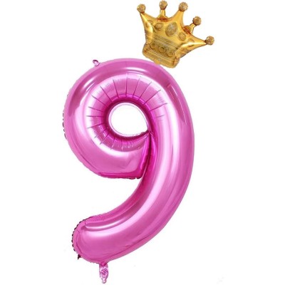 Balon din folie metalizata flippy, figurina cifra si coroana, tema aniversare 100 cm, ambalaj individual, pai inclus, umflare cu aer sau heliu, roz, c foto