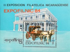 BC369, Nicaragua 1984, colita transporturi cu cai, Expofilnic foto