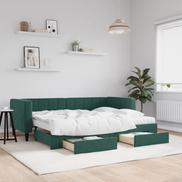 vidaXL Pat de zi cu extensie și sertare verde &icirc;nchis 80x200 cm catifea 3196758
