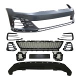 Set bara fata VW Golf VII, 20, cu gauri spalator; grunduit, de vopsit; type GTI; cu grile inferioare, cu spoiler; cu suport numar inmatriculare; cu