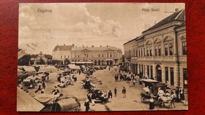 Fagaras-1925-Piata Unirii-Carute,tarabe,animatie-C.P.circ.-RARA foto