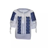 Cumpara ieftin Bluza Tip Ie Traditionala Alba cu Motiv Geometric Albastru de Dama - IMS157