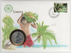 Moneda 5 francs 1984 - Comores, cu plic de prezentare foto