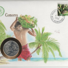 Moneda 5 francs 1984 - Comores, cu plic de prezentare