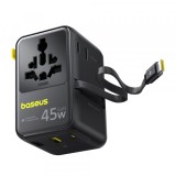 Incarcator Retea Cu Cablu USB-C Baseus Travel PicoGo AG11, 45W, 2 x Priza - 1 x USB-C - 2 x USB-A, Negru E0307F00