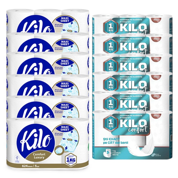 Set 36 role Hartie igienica Kilo Confort, 6 kg, 5 straturi + Set 18 prosoape Kilo Confort monorola, 2 straturi, 6 Kg