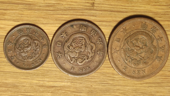 Japonia - set complet de colectie - 1/2 + 1 + 2 sen 1884 1876 1882 - superbe !