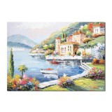 Tablou peisaj lacul Como pictat manual, O zi superba, 70x50cm ulei pe panza in cutit efect 3D, Valentin Pop