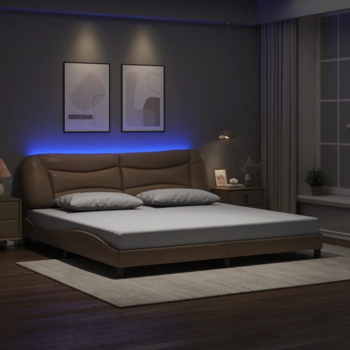 Cadru de pat lumini LED, cappuccino, 200x200 cm piele ecologică