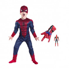 Set costum Spiderman cu muschi si manusa cu ventuze si figurina, IdeallStore&reg;, marime M, 5-7 ani, rosu