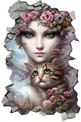 Sticker decorativ Fata si Pisica, Gri, 90 cm, 7933ST-1 foto