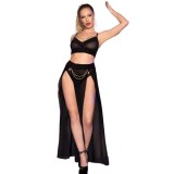 Chilirose-CR-4672 Top Negru, Fusta si Tanga cu Lanturi Aurii