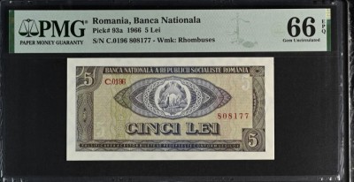 5 lei 1966 PMG66 UNC bancnota gradata foto