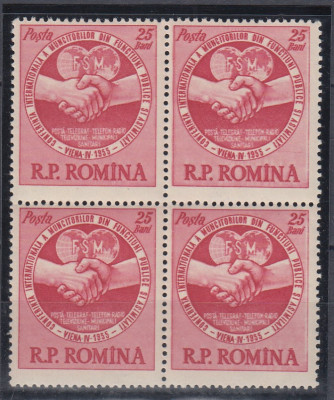 ROMANIA 1955 LP 382 CONFERINTA SINDICALA VIENA BLOC DE 4 TIMBRE MNH foto