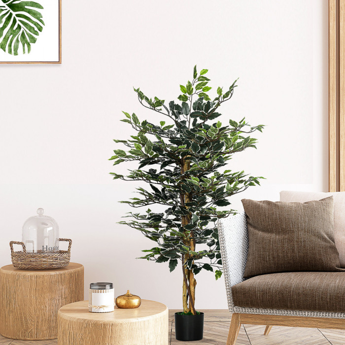 HOMCOM Ficus artificial in ghiveci cu 702 frunze multicolore, Plante artificiale pentru interior si exterior, pentru decorarea casei, biroului, camere