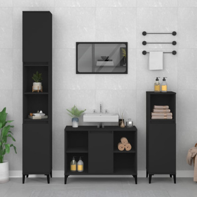 vidaXL Set mobilier de baie, 3 piese, negru, lemn compozit foto
