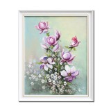 Tablou cu magnolii pictat manual inramat, Puritate, 55x45cm ulei pe panza, rama din lemn, Geo Ungureanu