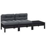 Set mobilier gradina cu perne, 3 piese, negru, lemn masiv pin