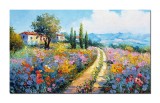 Cumpara ieftin Tablou impasto pictat manual, Peisaj cu flori multicolore si case, 100x60cm ulei pe panza, Valentin Pop