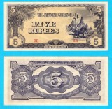 Burma (p#15) 5 Rupees 1942 aUNC+ 'Ocupația Japoneză'; (ROG CITITI DETALIILE!)