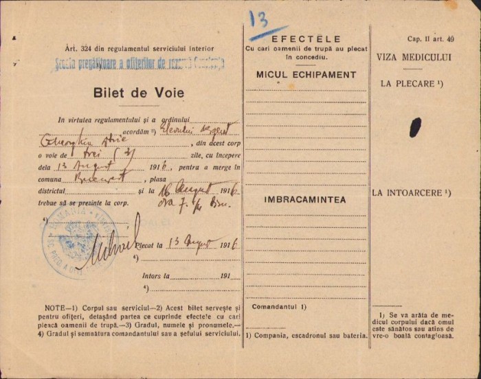 A672 Bilet de voie, 1916, Școala pregătitoare a ofițerilor rezervă Constanța