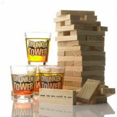 Joc Jenga Turnul Betivilor, cu 4 pahare de shot, din lemn, rosu foto