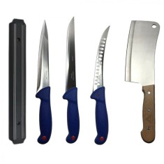 Set profesional de macelarie, filetat, transat, injunghiat, dezosat, otel carbon, 3 cutite, satar, suport magnetic